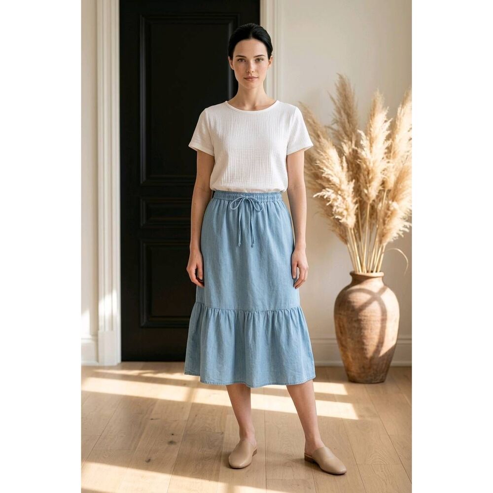 🐞Light Blue Linen Tiered Boho Skirt Small
